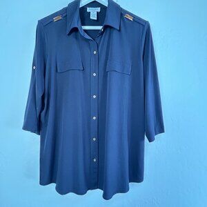 Carmen Woman Navy Blue Button-Up Shirt With Gold Accents 3/4 Sleeves Size 1X